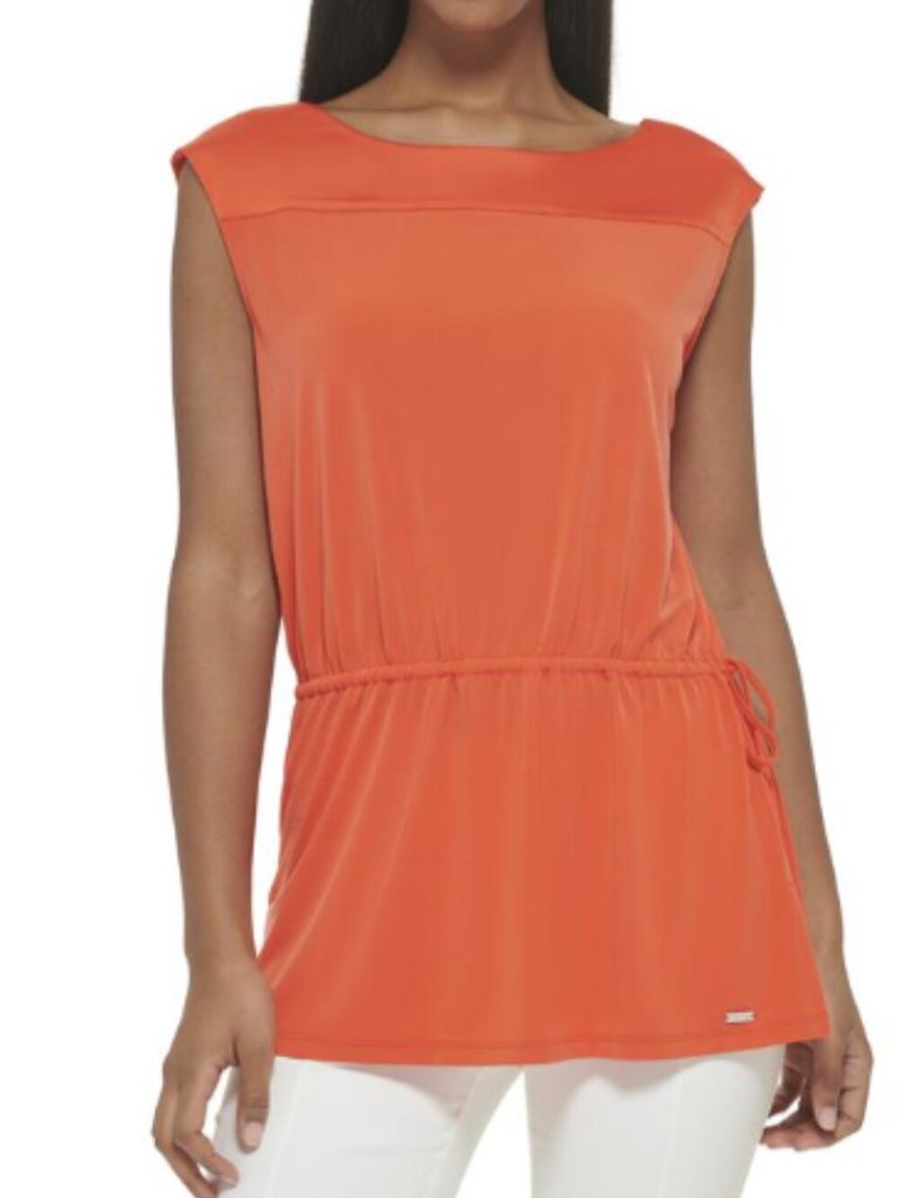 Calvin Klein Orange Tunic Top Short Sleeve w Back Keyhole Detail Cinch Waist